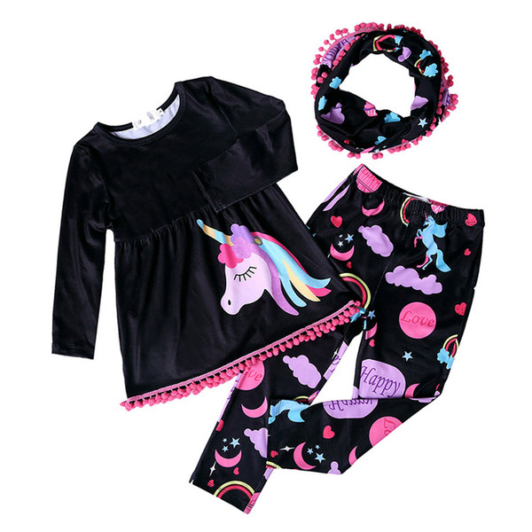 Baby Girls Clothing Sets Kids Unicorn Long Sleeve Tassel Dress Tops + Printed Pants+Neckerchief 3pcs Sets Cartoon Cute Princess Outfits