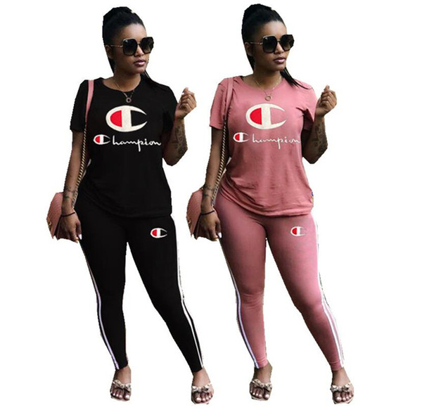 Women Champions Tracksuits Short Sleeve Summer T-shirts + Pants 2PCS Set Outfit Summer Jogger Sportswear S-2XL A3144