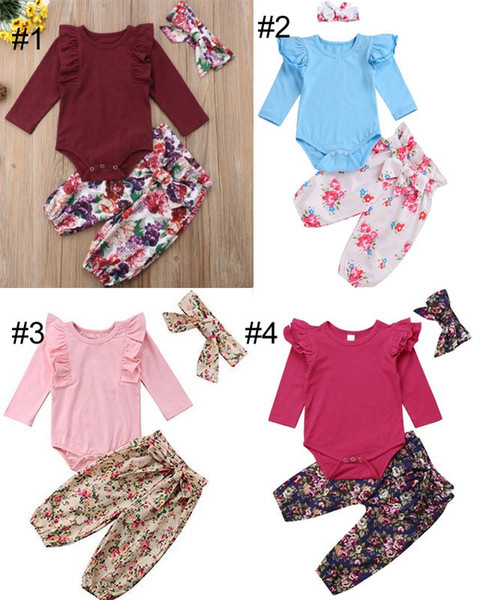 Baby Girl Designer Clothing Romper Long Sleeve O-neck Flower Print Romper +pants +headband baby romper 100% cotton clothing sets