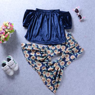 Baby Girl Off Shoulder Velvet Top Sunflower Flare pants Bellbottoms set Oufit Kids Girls Clothing Toddler Fashion Boutique Costume T0287
