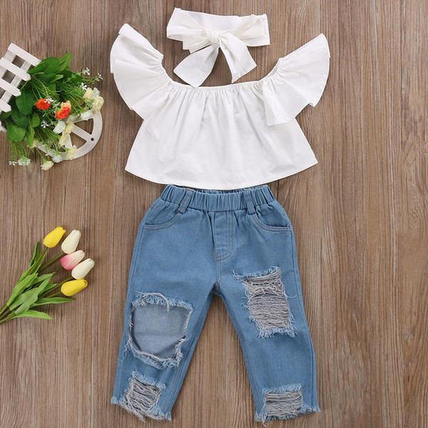 Fsshion Kids Girls Clothes Off-Shoulder Tops T-Shirt + Ripped Jeans +Headband 3Pcs Outfits Fashion Summer Kid Girl Clothing Boutique Costume