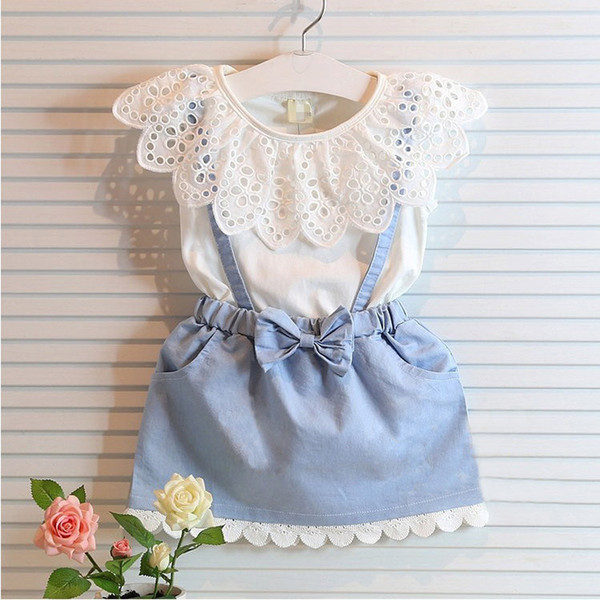 Girl Lace bowknot braces denims dress suits Summer Chiffon Lace cotton Sleeveless T-shirt Short skirt dress suit baby clothes wholesale
