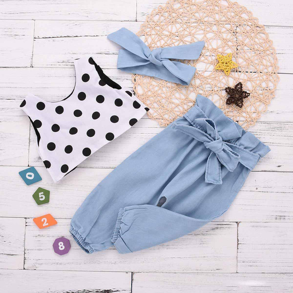 Ins Girls Outfits Summer baby girl clothes Girl Suit 3pcs tops vest+Jeans trousers+bows baby headbands Kids Sets kids clothes