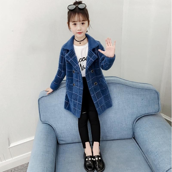 2020 New Autumn Winter Kids Girls Faux Mink Fur Wool Outwear Children Thick Warm Cardigan Coat Teens Girls Plaid Long Jacket K52 T191026
