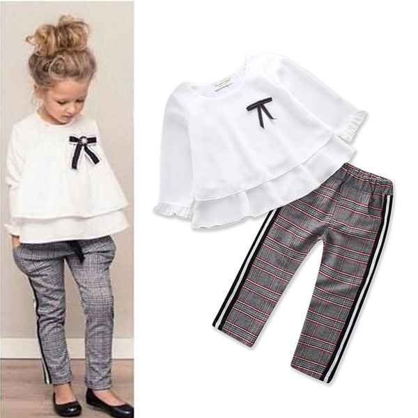 Toddler Baby Kids Girls Outfits Ruffle T Shirt Tops+checked Pants Clothes Set Long Sleeves Winter Autumn Clothes Outfits