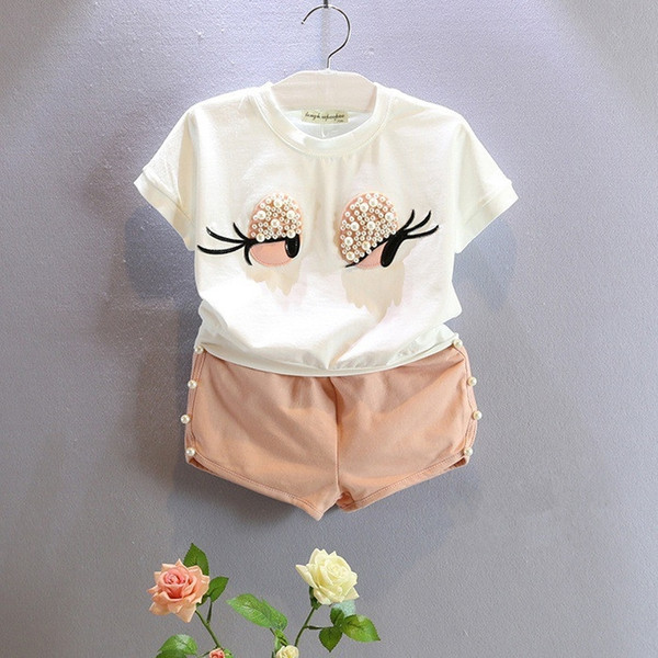 Summer Girls T-shirt+ Shorts 2pcs Set Cute Big Eyes Pearl Short Sleeve Tops Tees Solid Colors Shorts For Kids Clothing Free DHL 47