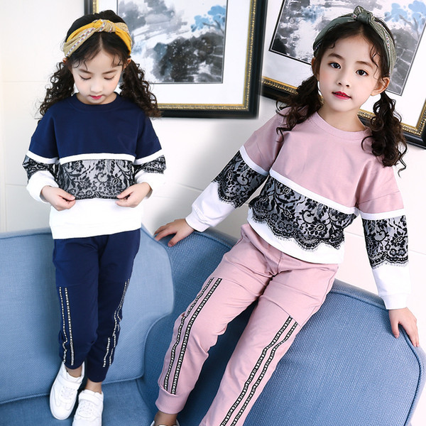 2019 Fall New Girl Set Korean Children's Lace Sleeve Head Splicing Two Sets Sports Suits
