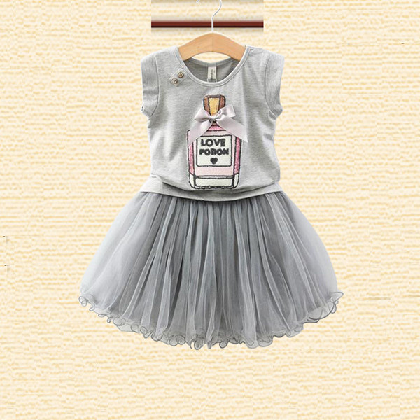 Children's Clothing Summer Girls Sequin Bow Perfume Bottle 2 Color T-shirt + Skirt epacket