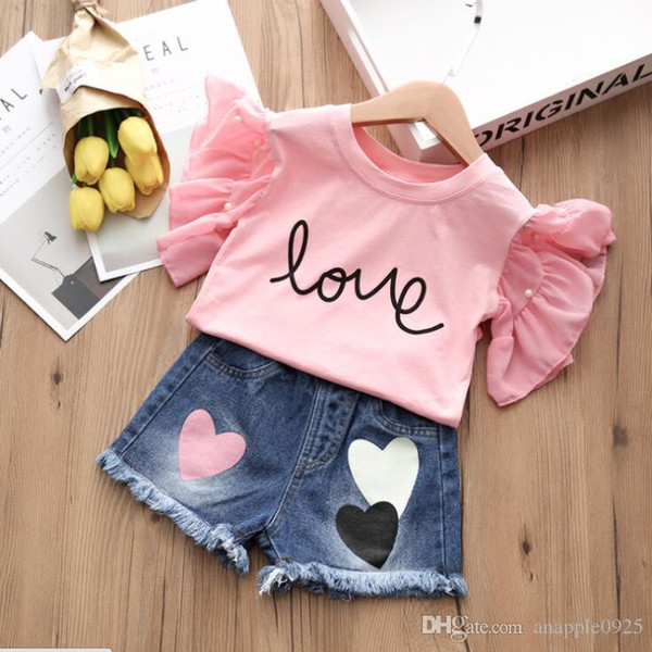 Explosion Girls Set 2019 Korean Children's Denim Shorts + T-Shirt Short Sleeve Two-piece Children's Wear White Pink