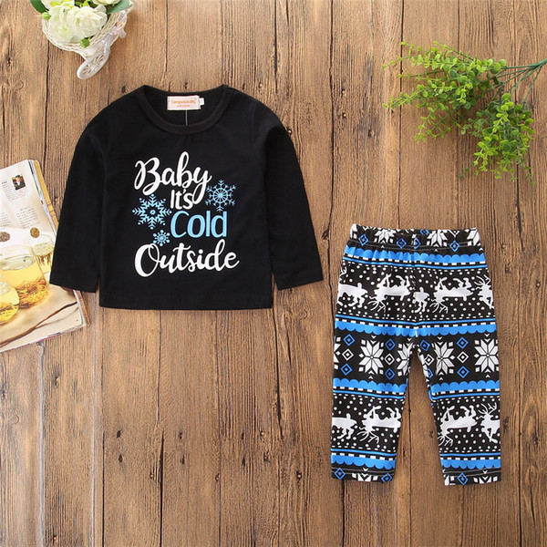 Baby girls Christmas outfits INS snowflake letter top+deer print pants 2pcs/set 2018 autumn fashion Kids Xmas Clothing sets TO952