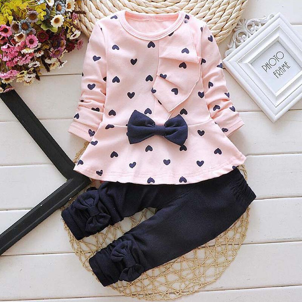 New Fashion 2Pcs Baby Kids Girls Long Sleeve Bowknot Dots Printed Tops+Pants Sets Outfits For Age 1-6 Years