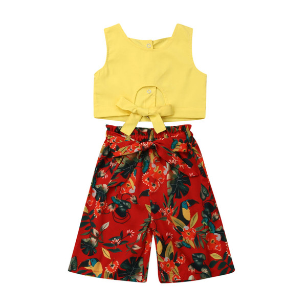 2Pcs Girls Summer Clothes 2019 Newest Toddler Baby Girl Pure Sleeveless Hollow Crop Tops+Bird&Flowers Printed Pants Outfits 1-5Y