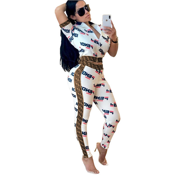 Womens Letter Printed Two Piece Tracksuit F Letters Crop Tops Long Pants Outfits Bodycon Sweatsuit Set Short Sleeve Zipper Jacket Suit C434