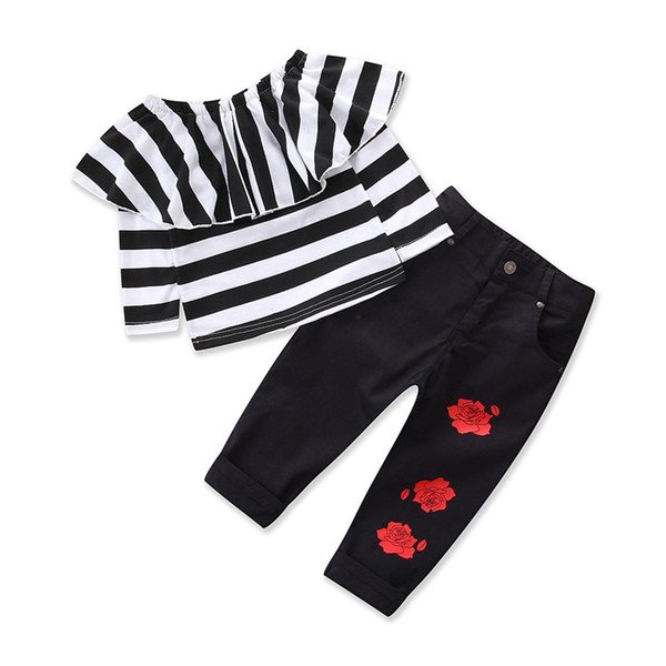 Girls Clothing Suit 2019 Fashion Baby Kids Clothes Long Sleeve Stripe sweater Coat Flowers Print Black Pants 2pcs