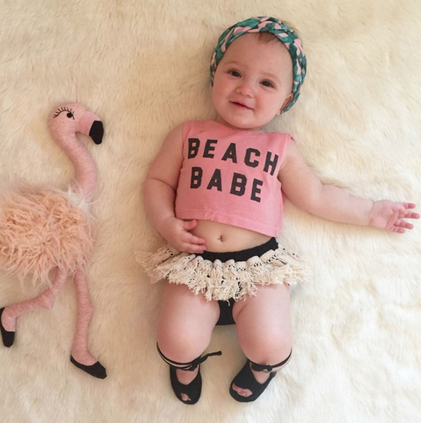Baby Girl Clothes Beach Babe Letter Printed Vest Shorts 2PCS Sets Sleeveless Pink Tops Tassel Pants Suits Summer Kids Clothing Set DW4021