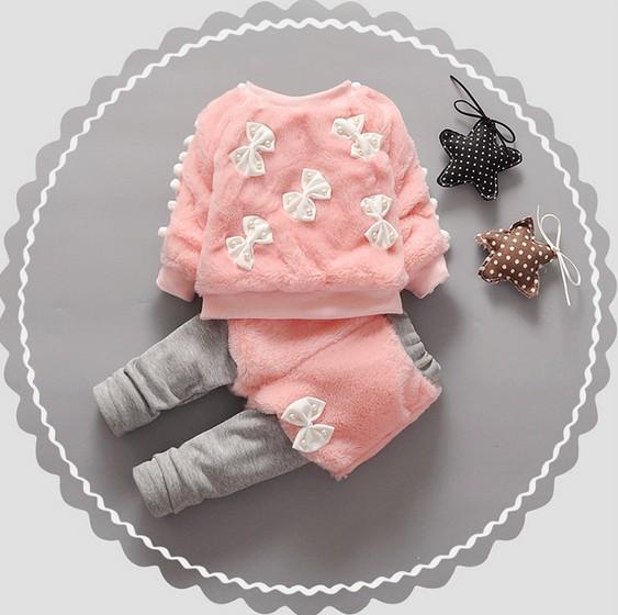 Warm Winter Children Kids Baby Infant Girls Thicken Velvet Faux Fur Bow Pullover Sweater Top+Pant Legging Clothing Sets