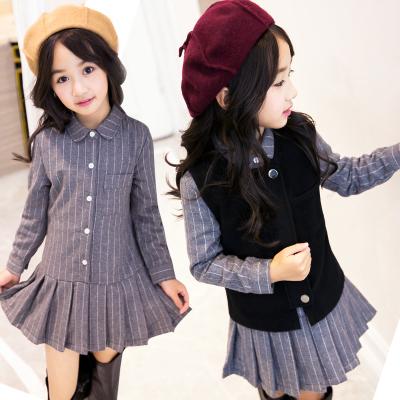 Lolita Autumn And Winter college style Striped lapel Long sleeve plus velvet Girl dress Pleated skirt Short vest Two-piece set