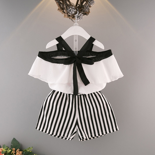 Fashion Girls Clothes Sets Summer Children Clothing Cotton Girl Chiffon Tops Striped Shorts Suits 2Pcs Kids