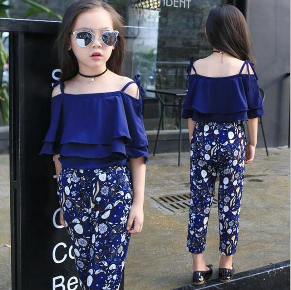 Summer Girls Clothing Sets Baby Teenage Kids Ruffles Off Shoulder Short Sleeve Shirt+Floral Print Long Pant 2Pc Suit