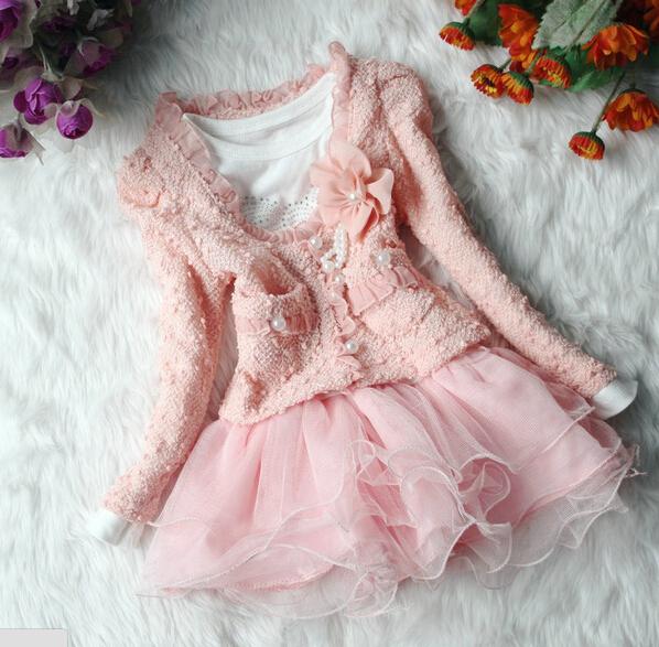 Spring Autumn 2 Pcs Baby Girl Clothing Set Princess Dress + Pearl Lace Cardigan Girls Fashion Coat Cute Tutu Skirt Free Shipping