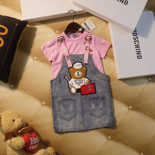 Girls strap dresses sets kids designer clothing T shirt + bear pattern denim strap skirt 2pcs spring and summer short sleeve sets