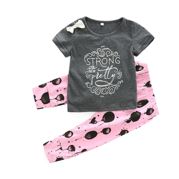 Children Summer Woman Baby Clothing Set Lovely Bow Letter Short Sleeve Show Solicitude For Printing Pants 2 Paper Suit Clothes New