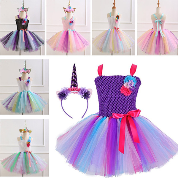 6Styles Girls Unicorn Princess Tutu Dress Set With Unicorn Head Dresses Baby Kids Clothing Halloween Costume Gradient Sling Outfits HH7-1134