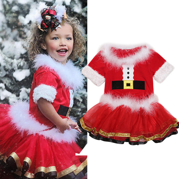 Ins Christmas Kids Clothiing Set Baby Girls Fur Clollar T Shirt Dress Outfit Xmas Children Red Pullover Tops TUTU Skrits Suit New A101101