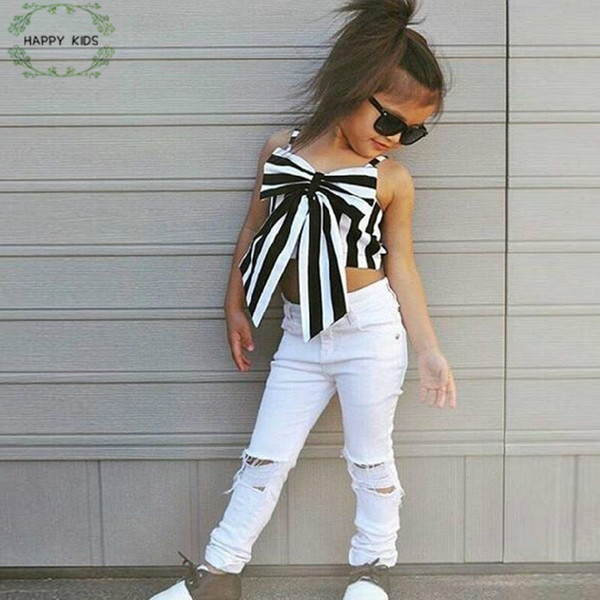 Clothing Sets Girls Suit Stripe Tops +Pants 2 Pieces The Strapless Set Kids Bowknot Hole White Pants Childrens Clothing Set Dtz346