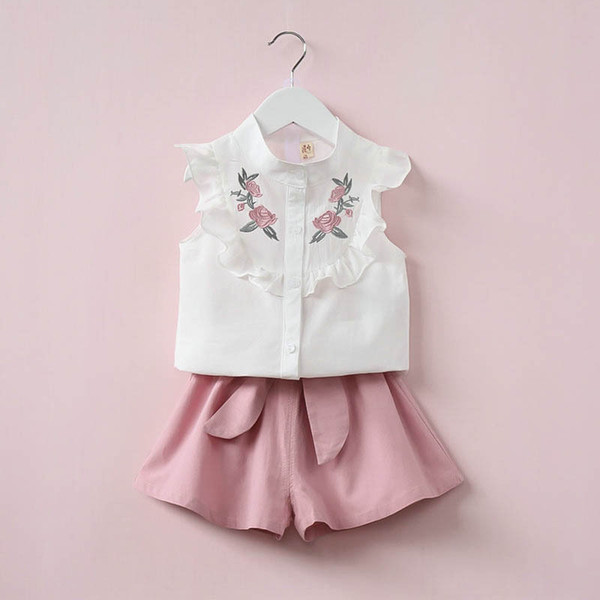 Baby Girls Clothes Kids Set Fashion Flower embroidery Short Sleeve T-Shirt +Belt Pant Baby Girls Clothing Set Kids Clothes Set
