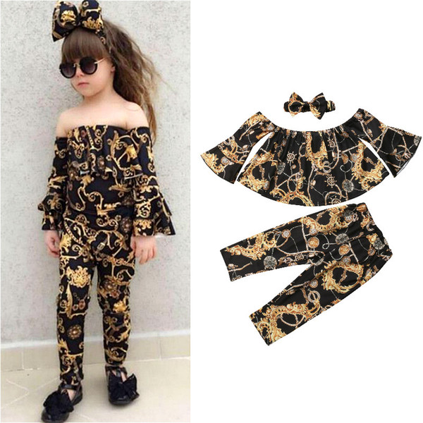 NEW HOT Kids Girl Clothes Off shoulder Flare Long Sleeve Tops Long Pant Headband 3PCS Floral Baby Girls Clothing Set 1-6Y