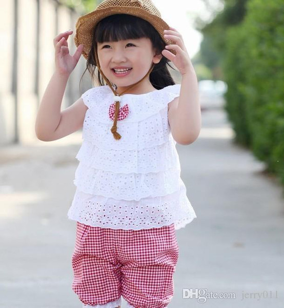 New Summer Lace T Shirt And Lattice shorts Pants Children Clothing Set Kid Girl Clothes Set 2 Colors