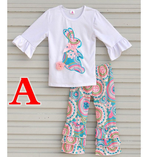 EASTER Day Xmas Spring Fall Winter Girls Boutique Outfits white Ruffle sleeved Tshirt Top 2pc set Cotton floral full print Pant Baby Clothes