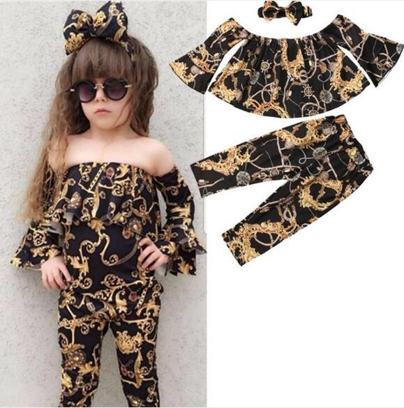 Designer label Baby Girl Clothes Brand Off shoulder Shirt + Long Pant + Headband 3PCS Outfits Floral Clothing Set for Kids Girls