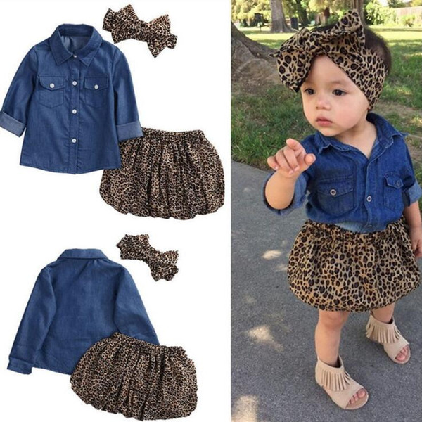3PCS Set Cute Baby Girls Clothes 2018 Summer Toddler Kids Denim Tops+Leopard Culotte Skirt + Headband Outfits Children Girl Clothing Set