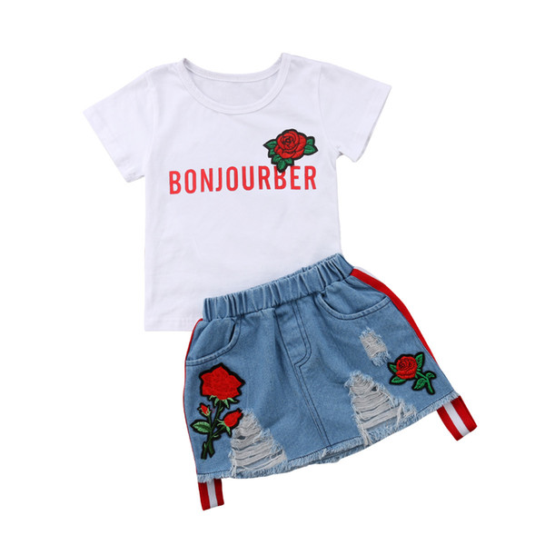 2018 Newborn Toddler Baby Kid White Folral Girls T-shirt Denim Skirts Floral Hollow Fashion Summer Set Outfit Y1892808