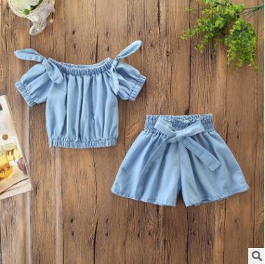 Kids Designer Clothes Girls 2PCS Outfit Set 2019 Summer Baby Girls Soft Denim Off Shoulder Bow T-shirt Blouse Tops+Wide Leg Shorts Pants Set