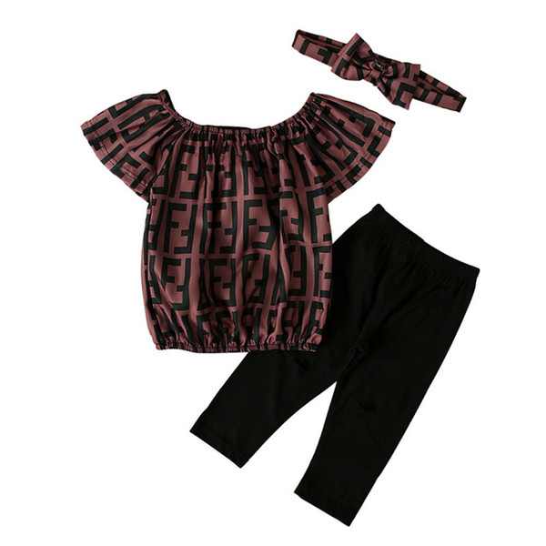 Girls Summer Clothing Sets Children F Letters Printed Off Shoulder Tops + Pants + Headband 3pcs Set Baby Girls Suit Kids Outfits B82603