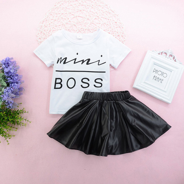 Baby T-Shirt Skirt Suits Girls Cotton Solid Printed Letter Mini BOSS Short Sleeve T-shirt Faux Leather Elastic Waist Short Skirts Outfits