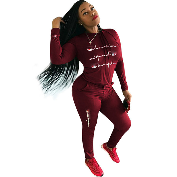 Women Letter Print Tracksuit Long Sleeve T Shirt Top + Pants Leggings 2PCS Set hoodies Outfits Sportswear Gym Suit S-3XL Champions Clothes