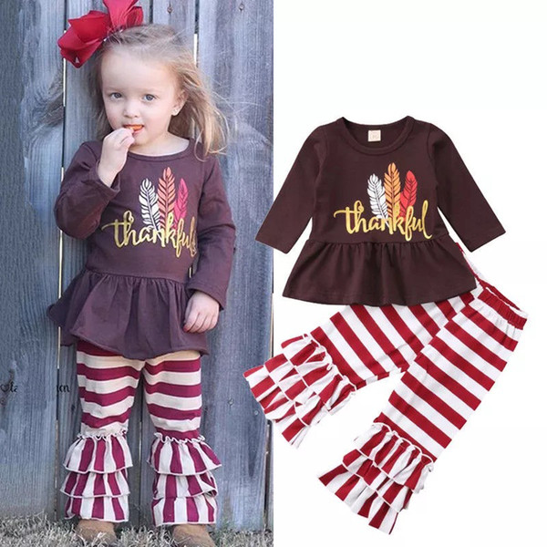 Thanksgiving Baby girls outfits kids feather letter print top and stripe pants autumn spring kid clothing set
