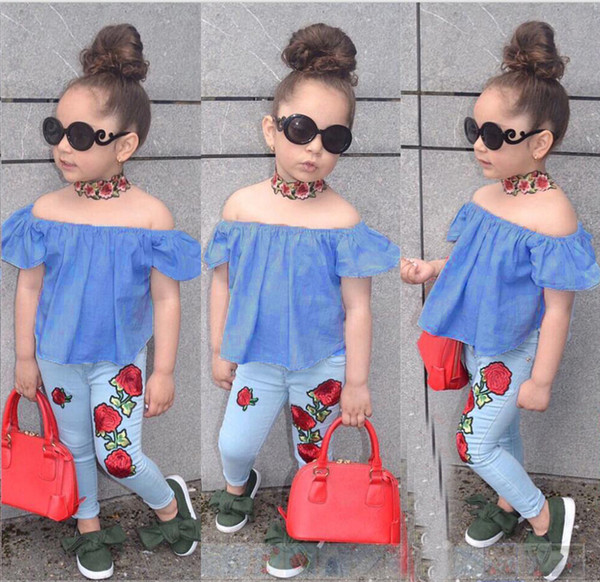 Kid Baby Girl Clothing Flower Clothes Off Shoulder Tops T-Shirt + Pants 2Pcs Outfits Fashion Summer Kids Girls Clothing Boutique Costume