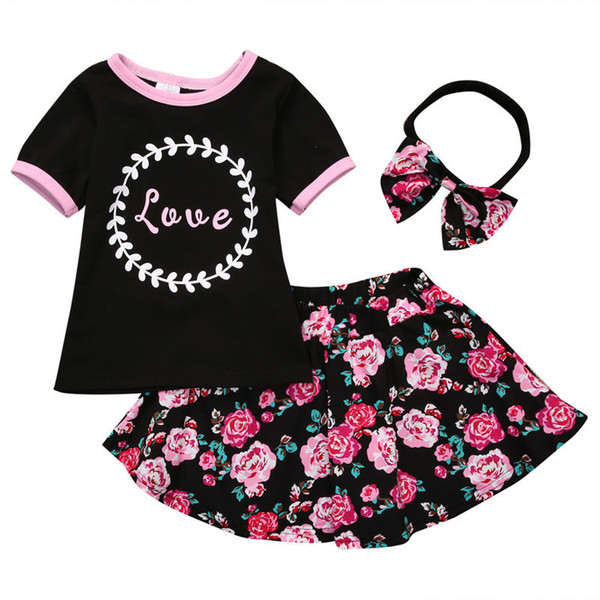 Girls Three-piece Sets T-shirt Tops Floral Skirts Headband Hairband Cotton Love Letters Summer Kids Outfits 1-5T