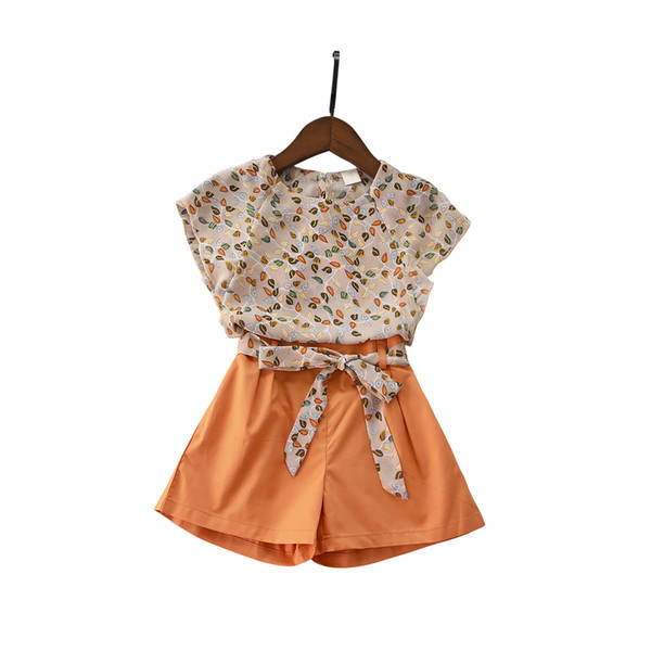 Summer Chiffon Print Teenager 2 Pcs Set Floral T-shirt Loose Short Pants Sets 4 - 14 Yrs Big Girls Bohemian Style Beach Clothes J190712