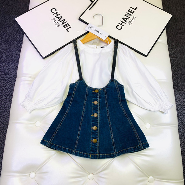 Girls sets 2pcs WSJ012 solid color puff sleeve shirt + classic strap dress size110-160 autumn new high quality comfortable simple