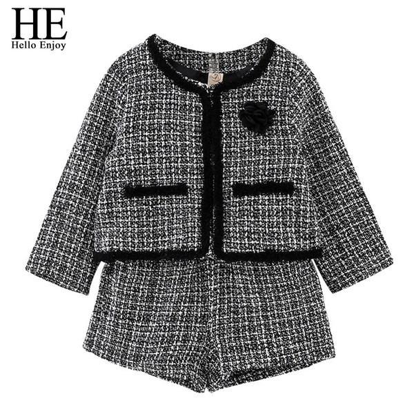 He Hello Enjoy Kids Sets For Girls Autumn Winter Fashion Plaid Long Sleeve Cardigan Coat+shorts 2pcs Suits Children Clothing J190514