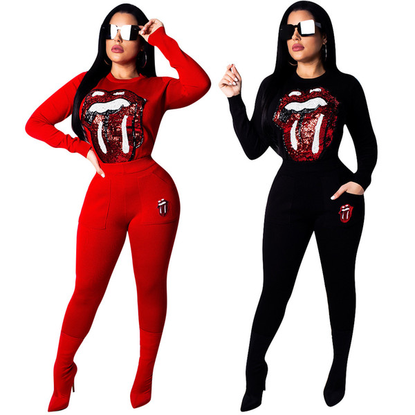 Women Sequins Tracksuits Red Lips Tongue Casual Outfits Loose Sweat Suit O-neck Long Sleeve Matching Sets 2pcs/set OOA6975