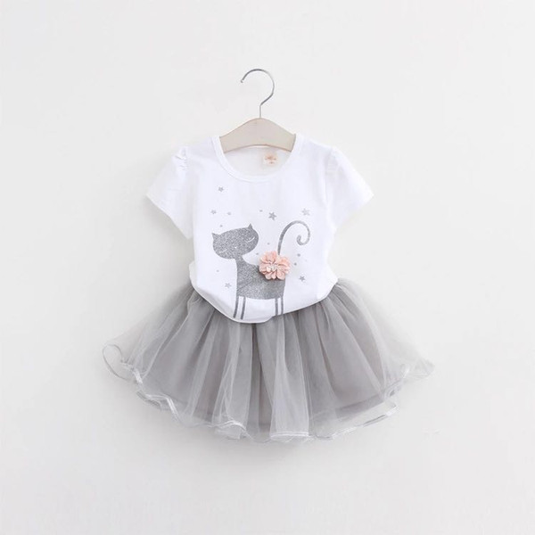Girls' skirts Cat T-shirt + skirt set children's cartoon printed two-piece children's clothes 2 color free shipping