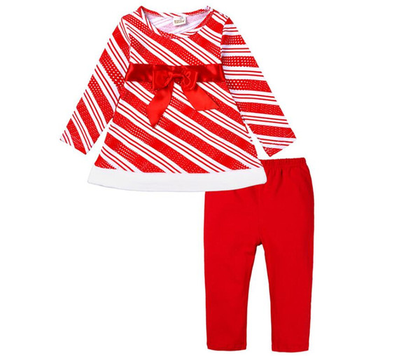Girl Christmas Long Sleeve T-shirt Dress with Bowknot and Long Solid Color Pant Set Baby O-Neck Xmas Red Tops and Trousers Suit Kids Toddler