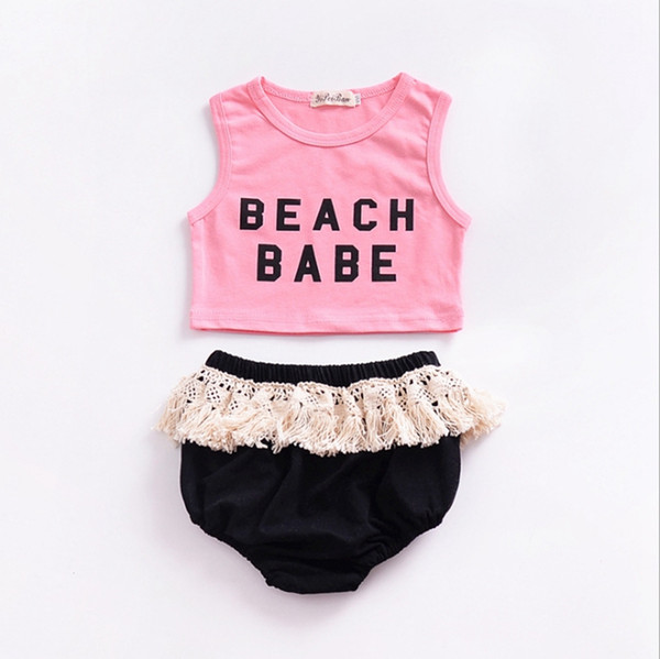 Baby Girl Clothes Beach Babe Letter Printed Vest Shorts 2PCS Sets Sleeveless Pink Tops Tassel Pants Suits Summer Kids Clothing Set YW4021